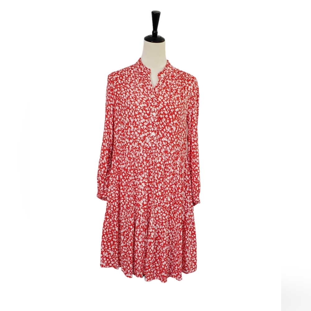J. Crew Ditsy Floral Tiered Shirtdress Sz S  Red White Cottagecore Twee Prarie - Picture 4 of 13